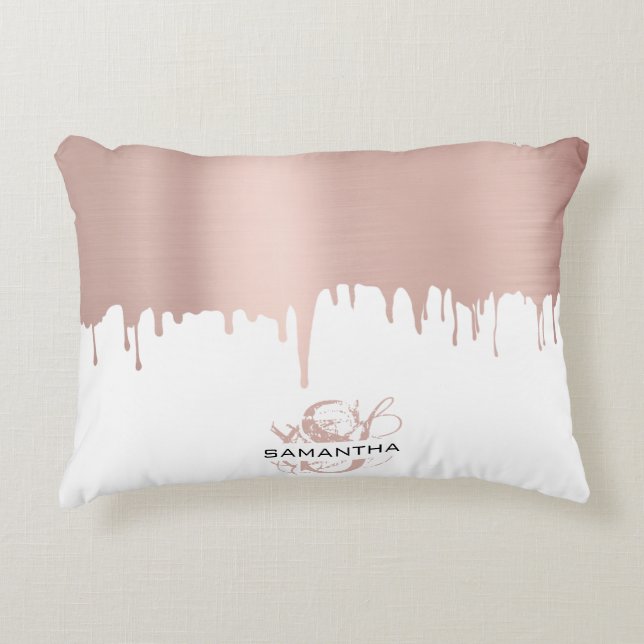 Trendy Rose Pink Gold Metallic Drips Monogram Accent Pillow (Front)