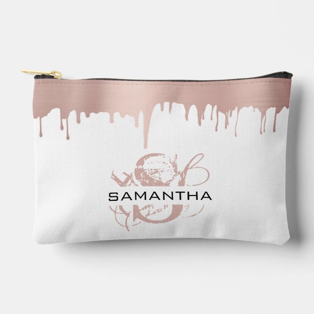 Trendy Rose Pink Gold Metallic Drips Monogram Accessory Pouch (Front)