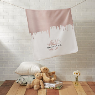 Trendy Rose Pink Gold Metallic Drips Monogram Baby Blanket