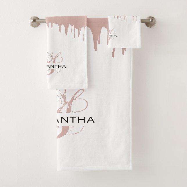 Trendy Rose Pink Gold Metallic Drips Monogram Bath Towel Set (Insitu)