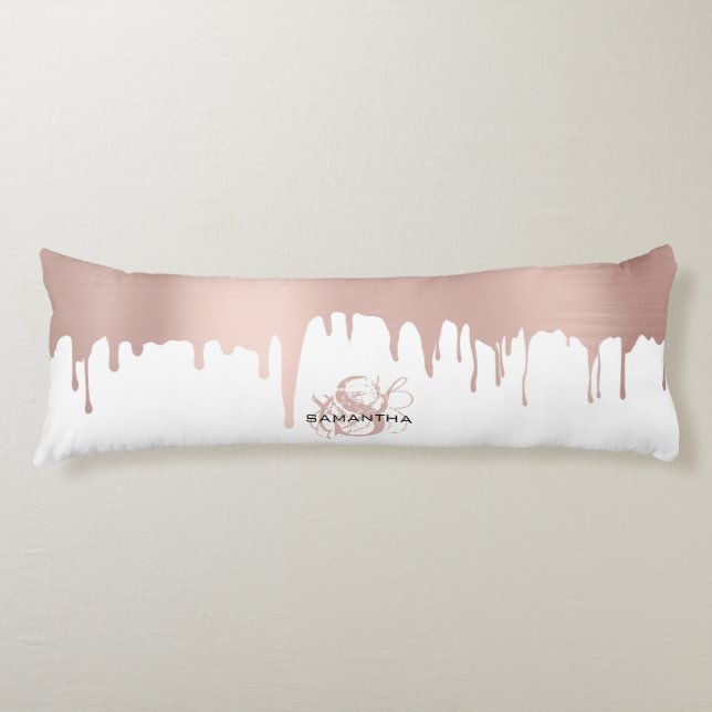 Trendy Rose Pink Gold Metallic Drips Monogram Body Pillow (Front)