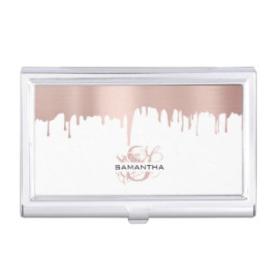 Trendy Rose Pink Gold Metallic Drips Monogram Business Card Case