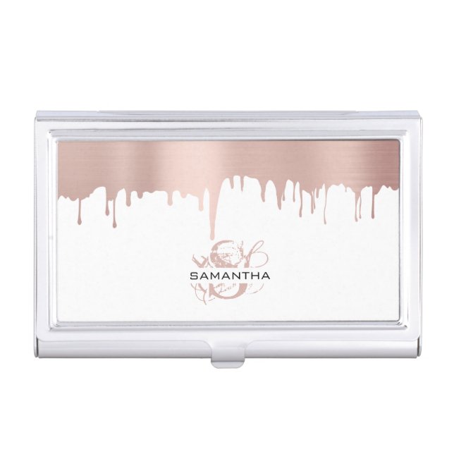 Trendy Rose Pink Gold Metallic Drips Monogram Business Card Case (Front)