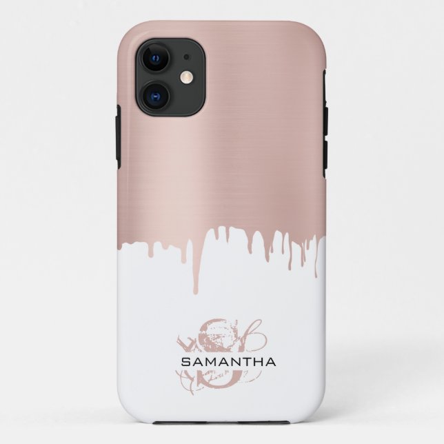 Trendy Rose Pink Gold Metallic Drips Monogram Case-Mate iPhone Case (Back)