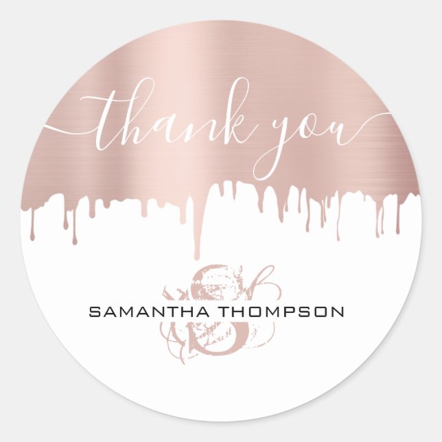 Trendy Rose Pink Gold Metallic Drips Monogram Classic Round Sticker (Front)