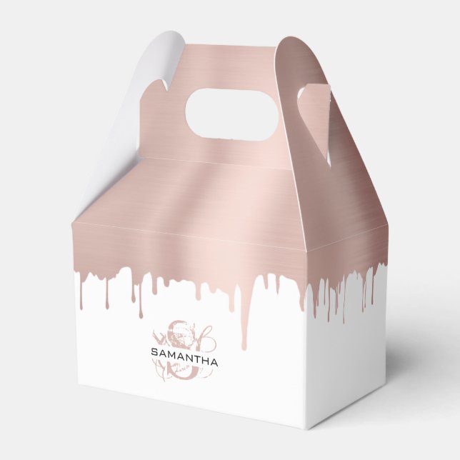 Trendy Rose Pink Gold Metallic Drips Monogram Favor Boxes (Front Side)