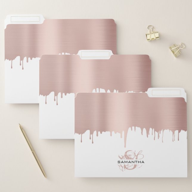Trendy Rose Pink Gold Metallic Drips Monogram File Folder (Set)
