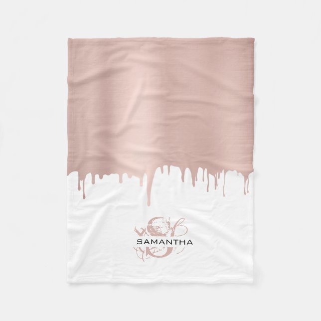 Trendy Rose Pink Gold Metallic Drips Monogram Fleece Blanket (Front)