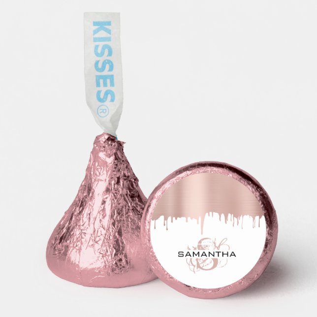 Trendy Rose Pink Gold Metallic Drips Monogram Hershey®'s Kisses® (Front)