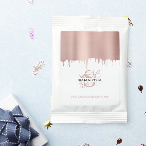 Trendy Rose Pink Gold Metallic Drips Monogram Hot Chocolate Drink Mix