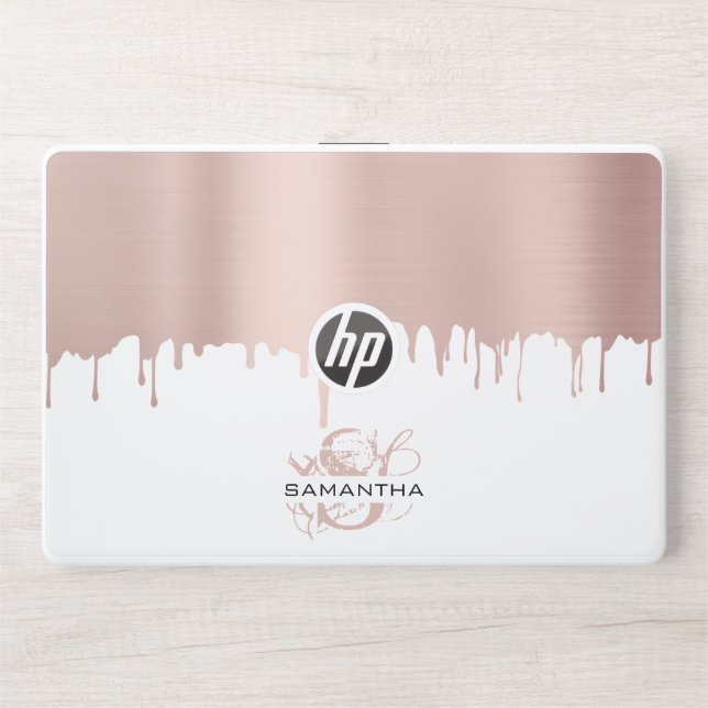 Trendy Rose Pink Gold Metallic Drips Monogram HP Laptop Skin (Front)