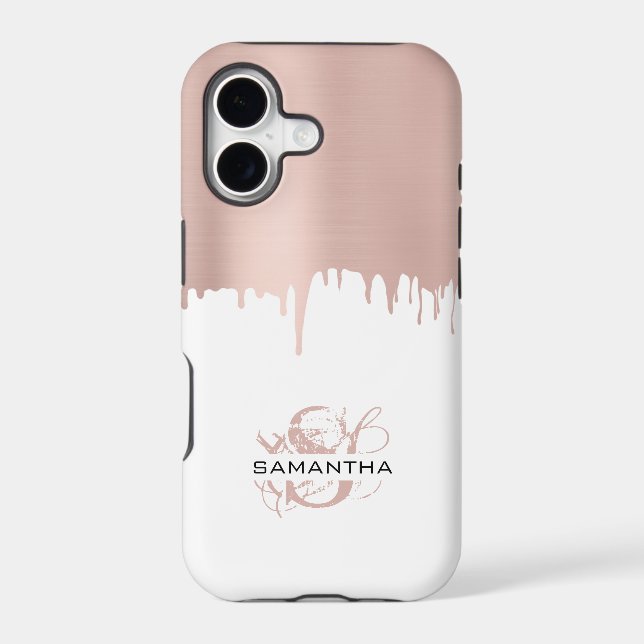Trendy Rose Pink Gold Metallic Drips Monogram iPhone Case (Back)