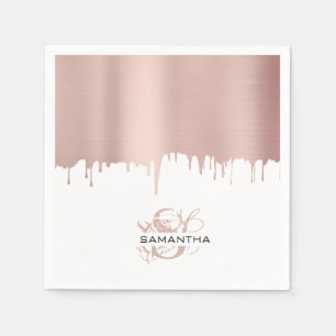 Trendy Rose Pink Gold Metallic Drips Monogram  Napkins