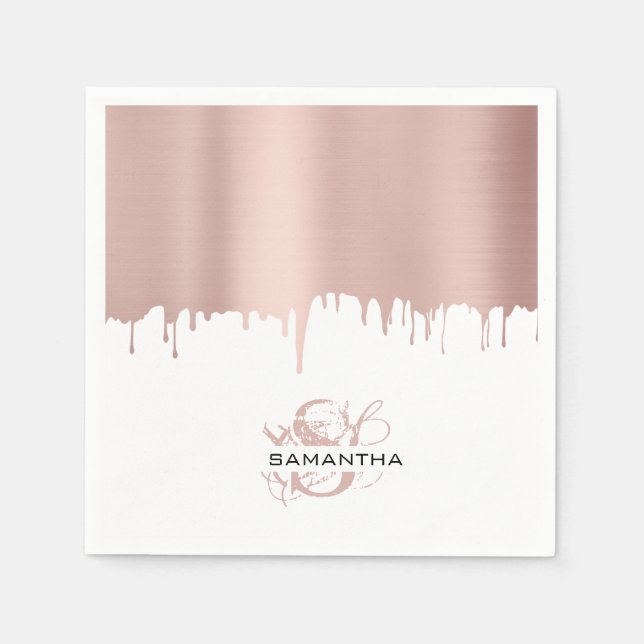 Trendy Rose Pink Gold Metallic Drips Monogram  Napkins (Front)
