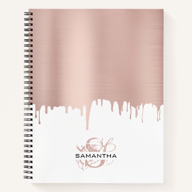 Trendy Rose Pink Gold Metallic Drips Monogram Notebook (Front)
