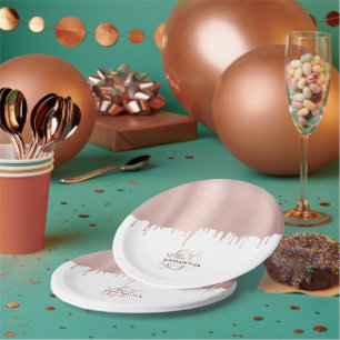 Trendy Rose Pink Gold Metallic Drips Monogram Paper Plates