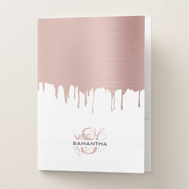 Trendy Rose Pink Gold Metallic Drips Monogram  Pocket Folder (Front)