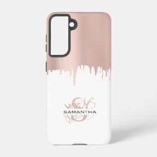 Trendy Rose Pink Gold Metallic Drips Monogram Samsung Galaxy S21 Case