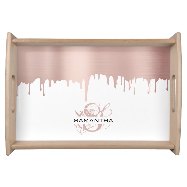 Trendy Rose Pink Gold Metallic Drips Monogram Serving Tray (Front)