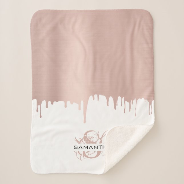 Trendy Rose Pink Gold Metallic Drips Monogram  Sherpa Blanket (Front)