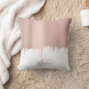 Trendy Rose Pink Gold Metallic Drips Monogram Throw Pillow