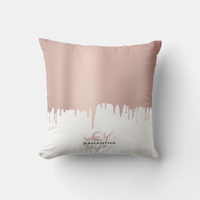 Trendy Rose Pink Gold Metallic Drips Monogram Throw Pillow (Front)
