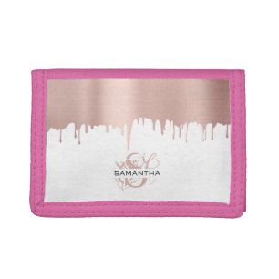 Trendy Rose Pink Gold Metallic Drips Monogram Trifold Wallet
