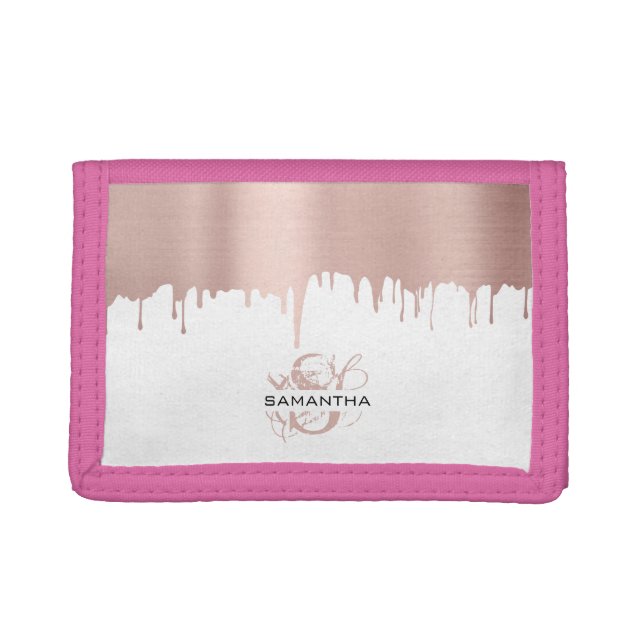 Trendy Rose Pink Gold Metallic Drips Monogram  Trifold Wallet (Front)