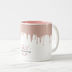 Trendy Rose Pink Gold Metallic Drips Monogram Two-Tone Coffee Mug