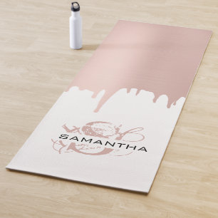 Trendy Rose Pink Gold Metallic Drips Monogram Yoga Mat