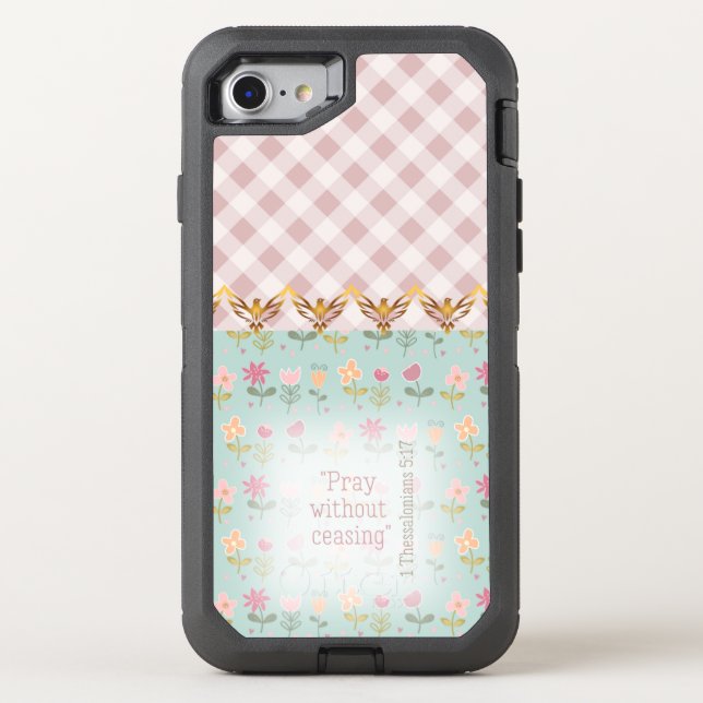Trendy Rose Plaid Pastel Floral Gold Doves Faith Otterbox iPhone Case (Back)