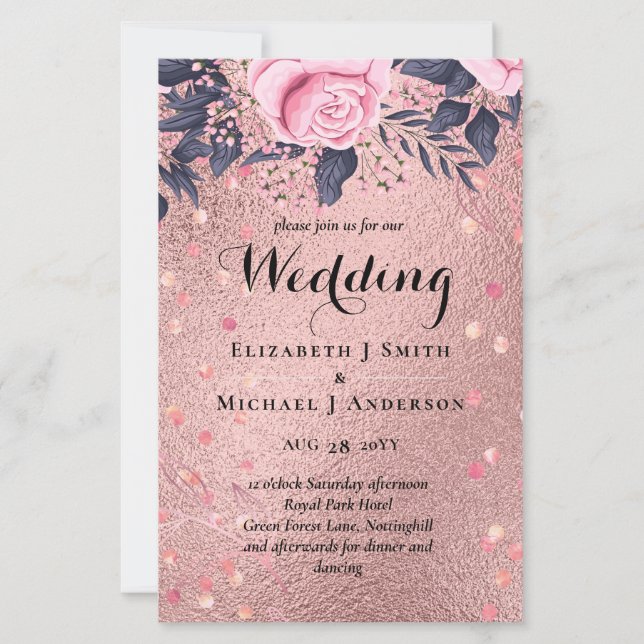 Trendy ROSEGOLD Wedding Metallic Pink Navy Glitter (Front)
