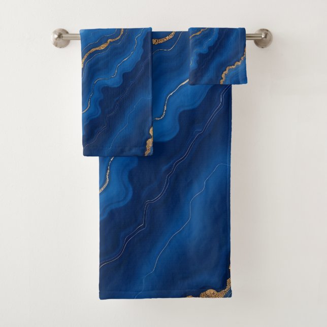 Trendy Royal Blue Gold Marble Collection Bath Towel Set (Insitu)
