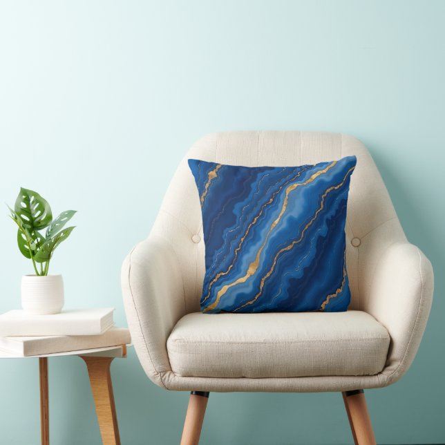Trendy Royal Blue Gold Marble Collection Throw Pillow (Chair)