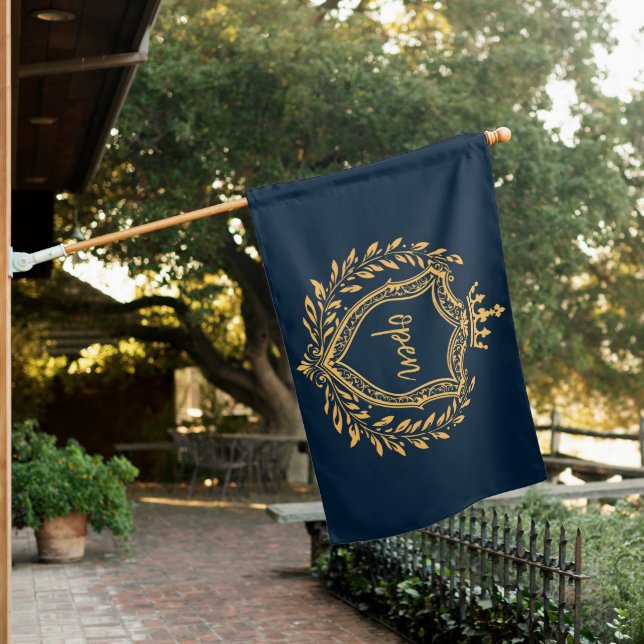 Trendy Royal Crest Emblem Navy Blue Open Sign Flag (In SItu)