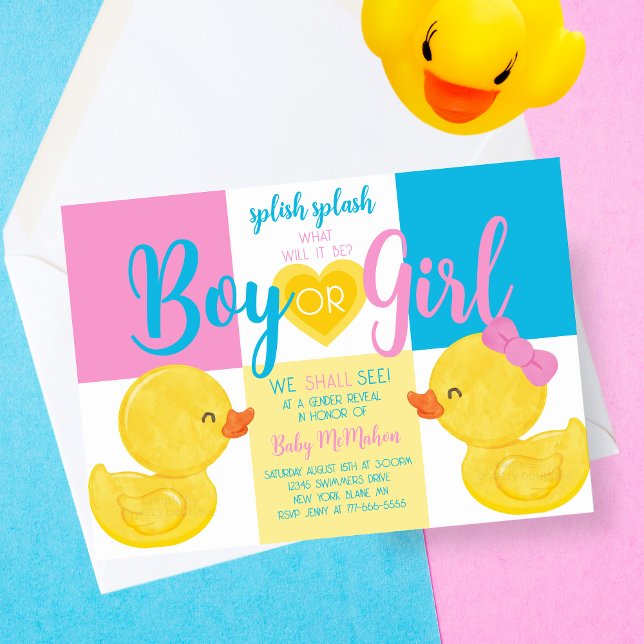 Trendy Rubber Duck Gender Reveal Party Invitation (Trendy Unique Watercolor Rubber Ducky Gender Reveal Party Invitations. In Blue, Pink and Yellow.)