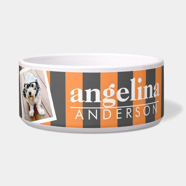 Trendy Rugby Striped Pattern Custom Name and Photo Bowl (Front)