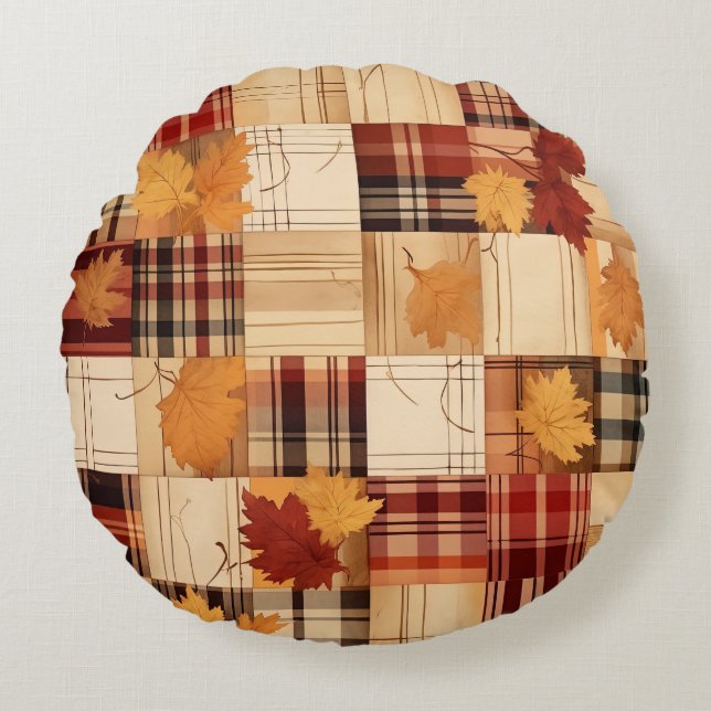 Trendy Rustic Autumn Floral Plaid with Quote  Round Pillow (Front)