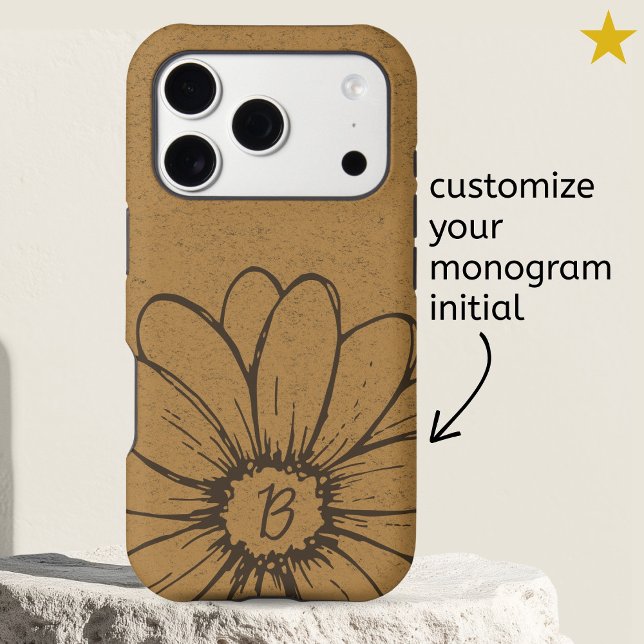 Trendy Rustic Beige Daisy Flower Drawing Monogram  Case-Mate iPhone Case (Creator Uploaded)