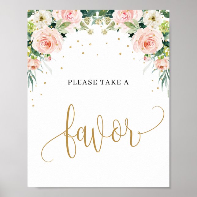 Trendy Rustic blush pink floral gold favor sign (Front)