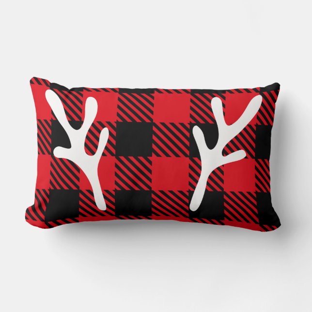 Trendy rustic buffalo plaid reindeer red Christmas Lumbar Pillow (Front)