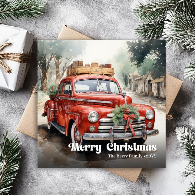 Trendy rustic Christmas scene watercolor greeting Holiday Card (Trendy rustic Christmas scene watercolor greeting)