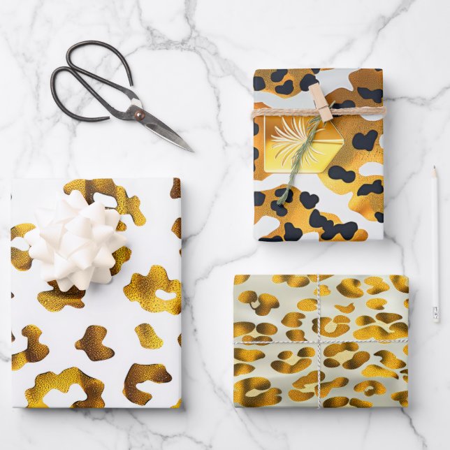 Trendy Safari Chic Gold Animal Print Gift  Wrapping Paper Sheets (Front)