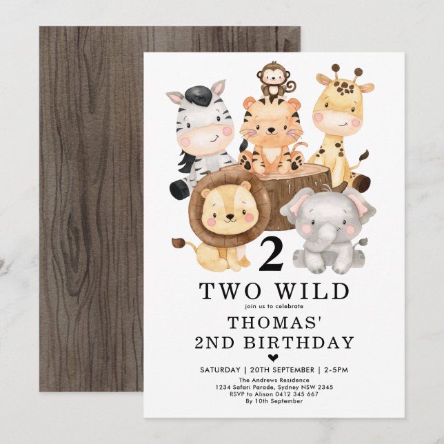 Trendy Safari Jungle TWO WILD 2nd Birthday Party Invitation (Front/Back)