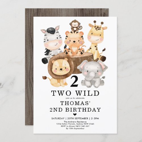 Trendy Safari Jungle TWO WILD 2nd Birthday Party Invitation