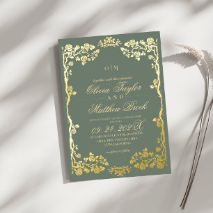 Trendy Sage and Gold Rose Floral The Wedding of Foil Invitation