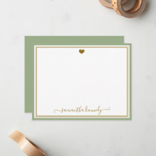 Trendy Sage Green And Gold Heart Custom Name Note Card