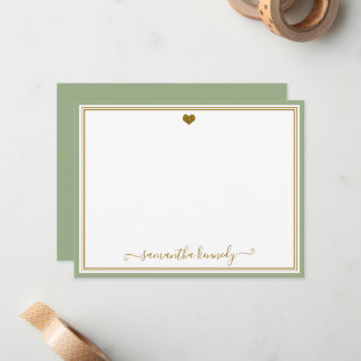 Trendy Sage Green  And Gold Heart Custom Name Note Card