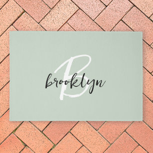 Trendy Sage Green Black and White Script Monogram Outdoor Rug