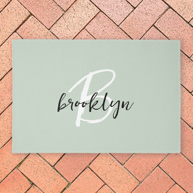 Trendy Sage Green Black and White Script Monogram  Outdoor Rug (Creator Uploaded)
